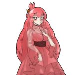  1girl bangs blush brown_eyes dress frown hair_ornament hairclip half_updo hand_on_own_chest huyusaki_taiga lobotomy_corporation long_hair looking_at_viewer melting_love personification pink_hair project_moon sash see-through see-through_sleeves solo very_long_hair 