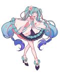  1girl absurdres aqua_eyes aqua_hair bangs black_footwear black_skirt blue_hair colored_eyelashes detached_sleeves film_grain flower full_body gradient_hair hair_flower hair_ornament hatsune_miku high_heels highres long_hair magical_mirai_miku magical_mirai_miku_(2021) multicolored_hair open_mouth shirt simple_background skirt socks solo twintails vocaloid white_background white_shirt white_sleeves white_socks wide_sleeves xiaoquanhualan 