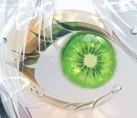  1other bug butterfly close-up colored_eyelashes eye_focus food fruit green_eyes highres kiwi_(fruit) kiwi_slice light_particles long_eyelashes looking_at_viewer original solo sparkle star_(symbol) tears translucent_hair tubaki_koiki white_butterfly white_hair 