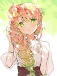  1girl alternate_costume alternate_hairstyle arm_up ban_(one_ban7241) bangs blunt_bangs blush braid braided_ponytail closed_mouth commentary_request flower gradient_hair green_eyes green_hair hair_flower hair_ornament head_tilt kanroji_mitsuri kimetsu_no_yaiba light_smile looking_at_viewer mole mole_under_eye multicolored_hair pink_hair plant see-through see-through_sleeves shirt smile solo vines white_shirt wing_collar 