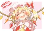  1girl absurdres ascot blonde_hair blush bow closed_mouth collar commentary_request crystal fang flandre_scarlet hat hat_bow heart heart_of_string highres kinese_(katasutorohu) mob_cap open_mouth red_bow short_hair simple_background smile solo touhou translation_request upper_body wings yellow_ascot 