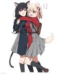  2girls absurdres animal_ears bangs belt black_belt black_hair blonde_hair blue_dress blue_ribbon bob_cut cat_ears cat_girl cat_tail collared_shirt commentary_request dog_ears dog_girl dog_tail dress green_ribbon grey_dress hair_ribbon highres hug inoue_takina kemonomimi_mode long_hair lycoris_recoil lycoris_uniform multiple_girls neck_ribbon nishikigi_chisato pleated_dress red_belt red_dress red_eyes red_ribbon ribbon school_uniform shirt short_hair tail takatisakana translation_request two-tone_dress violet_eyes white_hair white_shirt yuri 