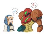  2girls ? abs androgyne_symbol arm_cannon armor blonde_hair bridget_(guilty_gear) commentary gravity_suit green_eyes guilty_gear guilty_gear_strive helmet hood hood_up hooded_jacket hoodie jacket looking_at_another metroid metroid_(classic) nun open_mouth pointy_nose power_suit samus_aran simple_background thought_bubble upper_body wakaba_(wata_ridley) weapon white_background white_sleeves 