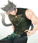  1boy abs al-haitham_(genshin_impact) animal_ears artist_name biceps blue_eyes blush cat_ears cat_tail claws compression_shirt feet_out_of_frame genshin_impact grey_hair highres looking_to_the_side male_focus mature_male muscular muscular_male nalamicha pants pectorals shirt simple_background sleeveless solo spiky_hair tail tight twitter_username white_background 