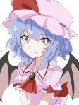  1girl ascot bangs bat_wings blue_hair bright_pupils closed_mouth fang hat hat_ribbon mokoo43451177 pink_headwear red_ascot red_eyes red_ribbon remilia_scarlet ribbon short_hair short_sleeves smile solo touhou upper_body white_pupils wings 