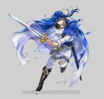  1boy armor ascot bangs belt black_footwear blue_belt blue_cape blue_eyes blue_hair boots cape cosplay fire_emblem fire_emblem:_genealogy_of_the_holy_war fire_emblem_heroes full_body grey_background hair_between_eyes headband holding holding_sword holding_weapon jacket long_hair long_sleeves looking_at_viewer low_ponytail male_focus official_art pants scabbard seliph_(fire_emblem) sheath shoulder_armor sigurd_(fire_emblem) sigurd_(fire_emblem)_(cosplay) simple_background solo sword torn_cape torn_clothes torn_jacket torn_pants tyrfing_(fire_emblem) wada_sachiko weapon white_ascot white_jacket white_pants 
