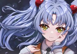  1girl black_necktie blush closed_mouth collared_shirt floating_hair grey_hair hair_intakes hair_ornament highres hoshino_ruri kidou_senkan_nadesico long_hair necktie orange_vest portrait ru-ha shiny shiny_hair shirt smile solo vest white_shirt wing_collar yellow_eyes 