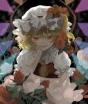  1girl absurdres ascot bangs black_background blonde_hair brown_ribbon carbonara_hontyotyo collared_shirt commentary crystal dress eyes_visible_through_hair fang fangs flandre_scarlet flower frills grey_flower grey_headwear grey_rose grey_shirt hair_between_eyes hand_on_own_face hand_up hat hat_ribbon highres jewelry leaf looking_at_viewer mob_cap multicolored_wings one_side_up open_mouth puffy_short_sleeves puffy_sleeves red_dress red_eyes red_flower red_rose ribbon rose shirt short_hair short_sleeves sitting smile solo symbol-only_commentary teeth tongue touhou white_flower white_rose wings yellow_ascot 