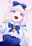  1girl animal_ears blue_bow blue_bowtie blue_eyes blue_skirt bow bowtie brooch cat_ears commission english_commentary finger_in_own_mouth hair_bow high-waist_skirt jewelry long_hair looking_at_viewer low_twintails mile_(off8mile) nekopara open_mouth pink_hair sharp_teeth shirt skeb_commission skirt solo teeth twintails upper_teeth vanilla_(nekopara) white_shirt 