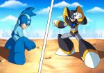 2boys absurdres bass_(mega_man) blue_sky city closed_mouth clouds diegodoodles dragon_ball dragon_ball_z fighting_stance full_body helmet highres looking_at_viewer male_focus mega_man_(character) mega_man_(classic) mega_man_(series) multiple_boys pose robot sky smile standing