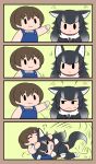  1boy 1girl animal_ears black_hair blush bokoboko_(pandagapanda1) brown_hair captain_(kemono_friends) closed_eyes closed_mouth commentary fur_collar grey_wolf_(kemono_friends) hand_on_another&#039;s_head headpat highres kemono_friends kemono_friends_3 necktie overalls petting plaid_necktie smile sweatdrop tail teasing thigh-highs wolf_ears wolf_girl wolf_tail 