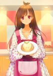  1girl absurdres alternate_costume antenna_hair apple apron brown_hair collarbone dress food food_art fruit highres holding holding_tray idolmaster idolmaster_cinderella_girls indoors kitchen long_hair long_sleeves looking_at_viewer polka_dot polka_dot_dress puffy_long_sleeves puffy_sleeves red_apron red_eyes sakuraop smile solo straight_hair tray tsujino_akari very_long_hair 