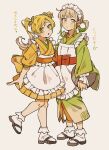  2girls :o apron bangs blonde_hair commentary full_body green_eyes green_hair highres holding holding_tray japanese_clothes light_brown_hair maid maid_apron maid_headdress multicolored_hair multiple_girls nanataroo_7 original sandals simple_background standing symbol-only_commentary tray twintails white_background 