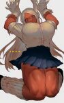 1girl absurdres animal_ear_fluff animal_ears artist_name bangs black_footwear blue_skirt boku_no_hero_academia breast_lift breasts clothes_lift dark_skin forehead full_body gloves head_tilt highres huge_breasts ibuo_(ibukht1015) jumping kneehighs knees_together_feet_apart long_eyelashes long_hair looking_at_viewer loose_socks miniskirt mirko muscular muscular_female open_mouth outline parted_bangs pleated_skirt rabbit_ears red_eyes ribbed_socks school_uniform shiny shiny_hair shiny_skin shirt simple_background skirt skirt_lift sleeve_cuffs sleeves_rolled_up slit_pupils socks taut_clothes taut_shirt teeth thick_thighs thighs very_long_hair white_background white_gloves white_hair white_shirt 