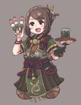  1girl bangs blush brown_eyes brown_hair bun_cover cropped_legs cup dango es_(eisis) food grey_background hair_bun hair_ornament hair_stick highres holding holding_food holding_tray japanese_clothes monster_hunter_(series) monster_hunter_rise rope sanshoku_dango sidelocks simple_background single_hair_bun solo tray wagashi yomogi_(monster_hunter) yunomi 