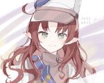  1girl arknights bangs brown_hair closed_mouth dated green_eyes grey_shirt hat long_hair looking_at_viewer myrtle_(arknights) myrtle_(light_gold_celebration)_(arknights) nstlgie parted_bangs pointy_ears shirt smile solo turtleneck upper_body white_background white_headwear 