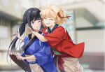  2girls bandaid bandaid_on_cheek bandaid_on_face bangs black_hair blonde_hair blue_hairband blue_kimono blue_sash blunt_bangs ceiling cheek-to-cheek closed_eyes commentary_request from_side hair_ribbon hairband head_tilt heads_together holding holding_tray hug hug_from_behind indoors inoue_takina japanese_clothes kimono long_hair looking_at_another lycoris_recoil medium_hair multiple_girls nishikigi_chisato obi one_eye_closed open_mouth parted_lips ponytail red_kimono red_ribbon red_sash ribbon sash sidelocks smile smirk teeth tr6xx tray v violet_eyes wall wide_sleeves wooden_tray 