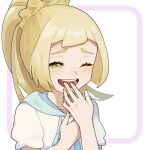  1girl ;d blonde_hair blush commentary_request eyelashes framed green_eyes half-closed_eye hands_up high_ponytail lillie_(pokemon) long_hair miu_(miuuu_721) one_eye_closed open_mouth pokemon pokemon_(game) pokemon_sm shirt short_sleeves smile solo teeth tongue white_background white_shirt 