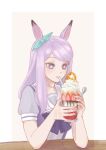  1girl animal_ears aqua_bow bow commentary_request drinking_straw elbows_on_table food highres horse_ears horse_girl ice_cream korean_commentary mejiro_mcqueen_(umamusume) nog128oo outside_border purple_hair solo sundae table umamusume upper_body violet_eyes white_background 