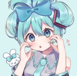  &gt;_&lt; 1girl :o bangs blue_eyes blue_hair blush bow cinnamiku cinnamoroll collared_shirt cupping_hands detached_sleeves hair_bow hair_ornament hands_on_own_cheeks hands_on_own_face hatsune_miku highres kohaku_aozora long_sleeves nail_polish necktie open_mouth sanrio shirt sleeveless sleeveless_shirt tied_ears updo vocaloid 