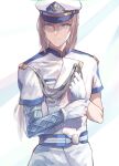  1boy absurdres adjusting_clothes adjusting_gloves aiguillette airgetlam_(fate) aqua_eyes bedivere_(fate) bedivere_(knights_of_marines)_(fate) belt blonde_hair blue_belt buttons double-breasted fate/grand_order fate_(series) gloves hair_between_eyes hat highres jacket lapels long_hair looking_to_the_side male_focus maru_(ma-ru8) official_alternate_costume peaked_cap prosthesis prosthetic_arm short_sleeves simple_background smile solo upper_body white_gloves white_headwear white_jacket 