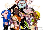  +_+ 1boy 6+girls :d ;d aqua_eyes aqua_tongue bare_shoulders big_man_(splatoon) black_gloves black_hair black_pants blonde_hair blue_hair blue_tongue breasts callie_(splatoon) cephalopod_eyes clothing_cutout colored_eyelashes colored_tongue cousins crop_top dark-skinned_female dark_skin domino_mask earrings fang fingerless_gloves folded_fan folding_fan frye_(splatoon) gloves gradient_hair green_umbrella hair_over_one_eye hand_fan harem_pants highres holding holding_fan holding_umbrella horizontal_pupils jewelry long_hair lowleg lowleg_pants manta_ray marie_(splatoon) marina_(splatoon) mask medium_breasts mismatched_eyebrows mole mole_under_eye mole_under_mouth multicolored_hair multiple_earrings multiple_girls navel octarian one_eye_closed pants pantyhose pearl_(splatoon) pink_hair pointy_ears poncho purple_tongue red_eyes red_pupils shiver_(splatoon) simple_background sleeveless smile splatoon_(series) splatoon_3 splinter_fish59 suction_cups tentacle_hair two-tone_hair umbrella visor white_background yellow_crop_top yellow_eyes 