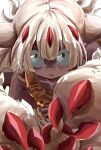  1girl :o claws dark_skin extra_arms faputa fewer_digits hair_between_eyes highres kororopon looking_at_viewer made_in_abyss monster_girl open_mouth reaching_out simple_background solo very_dark_skin white_background white_fur yellow_eyes 