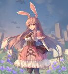  1girl :d absurdres alternate_costume animal_ears bangs black_necktie blue_flower building capelet city clouds crescent_print dusk elbow_gloves feet_out_of_frame field flower from_below gloves grass hair_between_eyes highres hydrangea lamppost long_hair looking_at_viewer mechrailgun necktie open_mouth outdoors pantyhose purple_flower rabbit_ears reisen_udongein_inaba shooting_star sky skyscraper smile solo spacecraft star_(sky) starry_sky touhou 