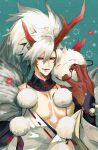  1boy animal antlers bare_pectorals black_sclera blue_background colored_sclera colored_skin creature detached_collar fang hair_between_eyes hand_up harurie highres horns ibaraki_douji_(onmyoji) long_hair looking_at_animal male_focus multicolored_skin onmyoji open_mouth oversized_forearms oversized_limbs pectorals ponytail red_horns red_skin skin_fang solo two-tone_skin upper_body white_hair yellow_eyes 