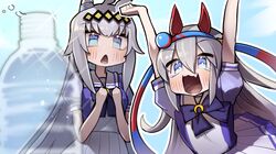  2girls animal_ears arms_up bangs blue_eyes blue_hairband bottle bottle_cap_challenge bow bowtie ear_covers ear_ornament fang food grey_hair hair_between_eyes hair_ornament hairband horse_ears horse_girl horseshoe_ornament long_hair multiple_girls oguri_cap_(umamusume) pleated_skirt puffy_short_sleeves puffy_sleeves purple_bow purple_bowtie purple_shirt sailor_collar sailor_shirt school_uniform shiny shiny_hair shirt short_sleeves skin_fang skirt summer_uniform tamamo_cross_(umamusume) tamukoro tracen_school_uniform umamusume water_bottle white_skirt yellow_hairband 