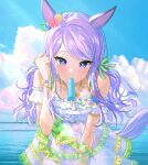  1girl alternate_costume alternate_hairstyle animal_ears blush commentary_request food food_in_mouth fymrie hair_ornament horse_ears horse_girl jewelry long_hair looking_at_viewer mejiro_mcqueen_(umamusume) necklace ocean popsicle purple_hair sky summer swimsuit twintails umamusume 