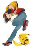  1boy :d backpack bag bangs brown_hair commentary full_body happy hat highres jacket male_focus open_mouth pants pikachu pokemon pokemon_(creature) pokemon_adventures red_(pokemon) red_eyes red_headwear sakanobo_(sushi1021) shoes short_hair short_sleeves smile white_background yellow_bag 
