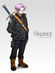  1boy absurdres alternate_universe black_jacket black_pants black_shirt blue_eyes boots character_name closed_mouth dragon_ball dragon_ball_super dragon_ball_super_super_hero full_body hand_in_pocket highres horang4628 jacket looking_at_viewer male_focus pants pouch purple_hair shirt short_hair solo standing sword sword_behind_back trunks_(dragon_ball) trunks_(future)_(dragon_ball) weapon 