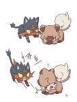  ? animal_focus clenched_teeth closed_eyes commentary korean_text litten looking_to_the_side lying motion_lines no_humans on_stomach pokemon pokemon_(creature) rockruff simple_background sleeping ssalbulre teeth translation_request u_u white_background 