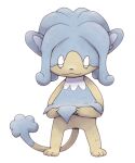  1other :3 animal_ears animal_feet blue_hair boke-chan closed_eyes closed_mouth commentary_request full_body lifted_by_self other_focus pokemon pokemon_(creature) short_hair simipour simple_background solo standing tail u_u white_background 