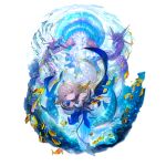  1girl ahoge animal_ears bangs blue_eyes detached_sleeves dolphin fish granblue_fantasy harvin jellyfish looking_at_viewer minaba_hideo official_art sea_serpent short_hair smile solo underwater wamdus_(granblue_fantasy) 