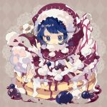  1girl :3 argyle argyle_background blue_eyes blue_hair blush closed_mouth commentary doremy_sweet dress food full_body hat highres multicolored_clothes multicolored_dress nightcap nikorashi-ka pancake pom_pom_(clothes) red_headwear short_hair short_sleeves smile solo symbol-only_commentary touhou 
