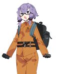  1girl backpack bag black-framed_eyewear black_gloves character_request drooling glasses gloves grey_background hair_between_eyes karei open_mouth purple_hair ringed_eyes short_hair simple_background solo violet_eyes vocaloid 