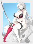  1girl arm_support bikini breasts collarbone fate/grand_order fate_(series) halter_top halterneck head_tilt highres jeanne_d&#039;arc_alter_(fate) jeanne_d&#039;arc_alter_(swimsuit_berserker)_(fate) katana large_breasts long_hair navel o-ring o-ring_bikini pale_skin pinky_out ri_o_ne_su sidelocks single_thighhigh sitting skindentation solo swimsuit sword thigh-highs thigh_strap very_long_hair weapon white_hair yellow_eyes 