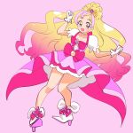 1girl :d blonde_hair blue_eyes cure_flora dress full_body gloves go!_princess_precure gradient_hair haru_283 haruno_haruka high_heels long_hair looking_at_viewer multicolored_hair pink_background pink_dress pink_hair precure puffy_short_sleeves puffy_sleeves short_sleeves simple_background smile solo wavy_hair white_gloves