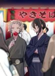  2boys black_eyes black_hair candy_apple facing_to_the_side festival food glasses highres ishihara_usumi japanese_clothes jiitarou kimono kisaragi_ren_(mahjong_soul) looking_at_viewer mahjong_soul male_focus multiple_boys short_hair short_ponytail translation_request wavy_hair white_hair yellow_eyes yukata 