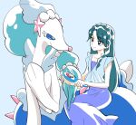 1girl blue_background blue_dress blue_eyes blue_hair brushing_hair collarbone crossover dress go!_princess_precure hair_brush hand_in_another&#039;s_hair haru_283 kaidou_minami long_hair looking_at_viewer pearl_hair_ornament poke_ball_print pokemon pokemon_(creature) precure primarina smile tail