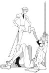  1boy 1other aechmea_(houseki_no_kuni) ankle_boots arms_up belt boots cairngorm_(houseki_no_kuni) closed_mouth collar gem_uniform_(houseki_no_kuni) glasses high_heels houseki_no_kuni juliet_sleeves long_sleeves looking_up monochrome necktie puffy_sleeves saiko67 shorts spoilers uniform wall younger 