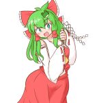  blush bow cosplay costume_switch detached_sleeves frog_hair_ornament green_eyes green_hair hair_bow hair_ornament hakurei_reimu hakurei_reimu_(cosplay) holding kochiya_sanae looking_at_viewer mizusoba open_mouth simple_background skirt smile touhou white_background 