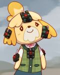  animal_crossing animal_ears animal_nose artist_name black_eyes blonde_hair blue_skirt blue_sky body_fur boke-chan bomb buttons c4 closed_mouth clouds commentary_request day dog_ears dog_girl english_commentary flat_chest green_vest half-closed_eyes happy head_tilt isabelle_(animal_crossing) metal_gear_(series) mixed-language_commentary neck_ribbon outdoors partial_commentary patreon_username peril plaid plaid_vest pocket red_ribbon ribbon shirt short_hair short_sleeves skirt sky smile standing super_smash_bros. topknot two-tone_fur unmoving_pattern upper_body vest watermark white_fur white_shirt yellow_fur 