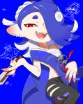  1boy 2girls :d aooni bare_shoulders big_man_(splatoon) black_pants blue_background blue_hair cephalopod_eyes chest_sarashi chibi chibi_inset collarbone earrings flat_chest folded_fan folding_fan frye_(splatoon) groin hand_fan highres holding holding_fan horizontal_pupils jewelry long_hair manta_ray multiple_earrings multiple_girls navel octarian pants red_eyeliner red_eyes red_pupils sarashi see-through shiver_(splatoon) simple_background smile solo_focus splatoon_(series) splatoon_3 suction_cups teeth 