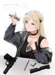  1girl absurdres bangs black_choker blonde_hair braid breasts choker cleaning cleaning_weapon cloth daewoo_k5 dress earrings girls_frontline grey_eyes grey_jacket gun half-closed_eye handgun highres holding holding_cloth jacket jewelry k5_(girls&#039;_frontline) long_hair long_sleeves parted_lips rampart1028 simple_background solo translation_request upper_body weapon white_background 