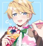  1boy akechi_hideki blonde_hair blue_eyes blush crepe eating facing_viewer food highres holding holding_food ice_cream jiitarou looking_to_the_side mahjong_soul male_focus open_mouth short_hair sketch solo spoon 