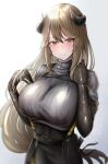  1girl arknights blonde_hair breasts closed_mouth elbow_gloves gloves highres horns large_breasts long_hair looking_at_viewer meteorite_(arknights) poni_(poni_arknights) simple_background solo sweater upper_body very_long_hair 
