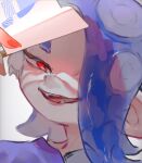  1girl blue_hair folding_fan hair_over_one_eye hand_fan highres holding holding_fan long_hair octarian open_mouth red_eyes reureu shiver_(splatoon) simple_background smile solo splatoon_(series) splatoon_3 suction_cups tentacle_hair upper_body white_background 